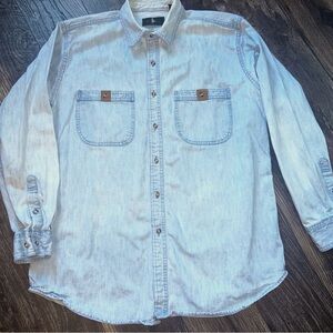 Vintage Hunt Club Men's Light Blue Heavier Denim ShirtSize Large Brown Accents